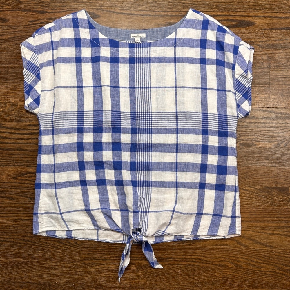 LL Bean Shirt Womens Large Blue White Plaid 100% Linen Tie Top Short Sleeve